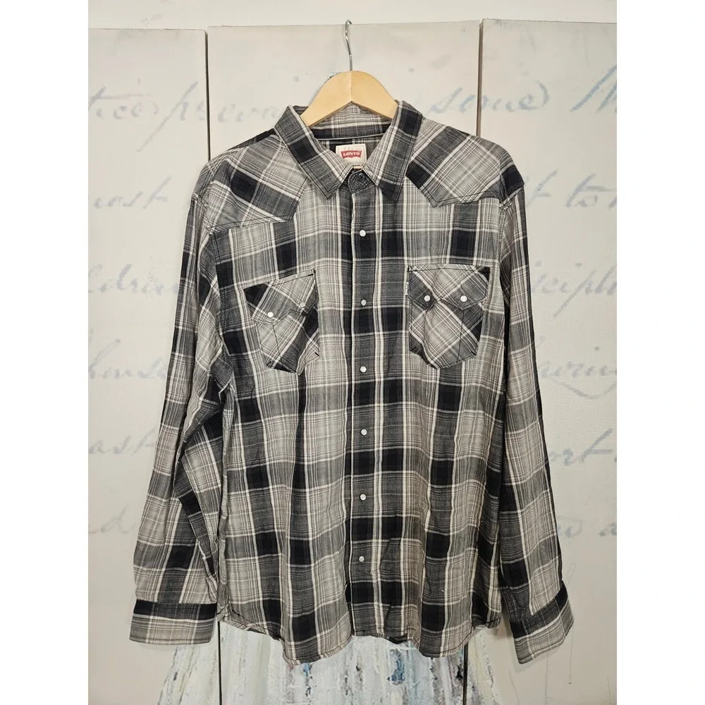 Levi's Western Shirt XXL Black Gray Plaid Pearl Snap Long Sleeve Cotton Sawtooth